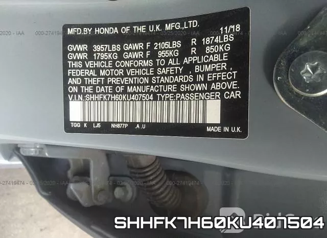 SHHFK7H60KU407504 фото 10