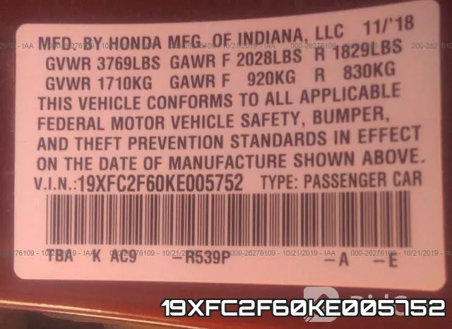 19XFC2F60KE005752 фото 10