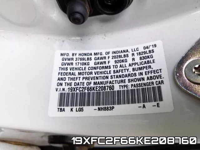 19XFC2F66KE208760 фото 2