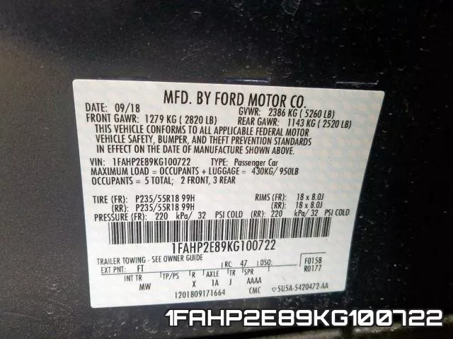 1FAHP2E89KG100722 фото 2