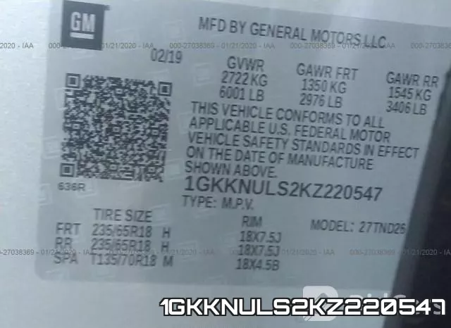 1GKKNULS2KZ220547 фото 10