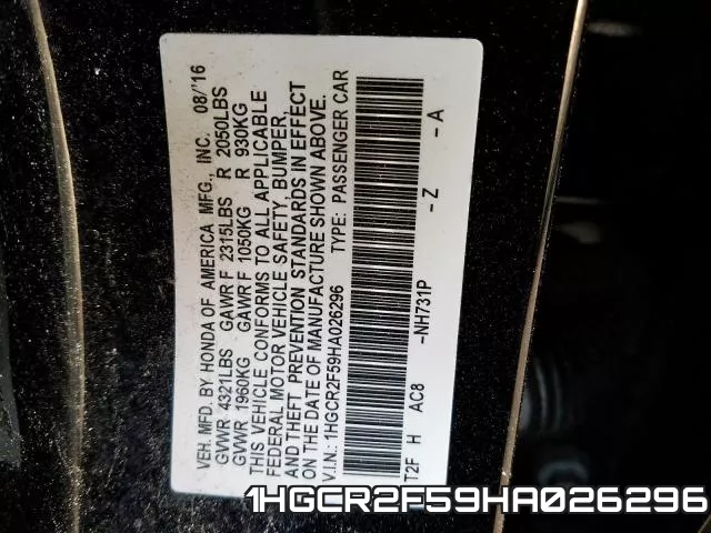 1HGCR2F59HA026296 фото 2