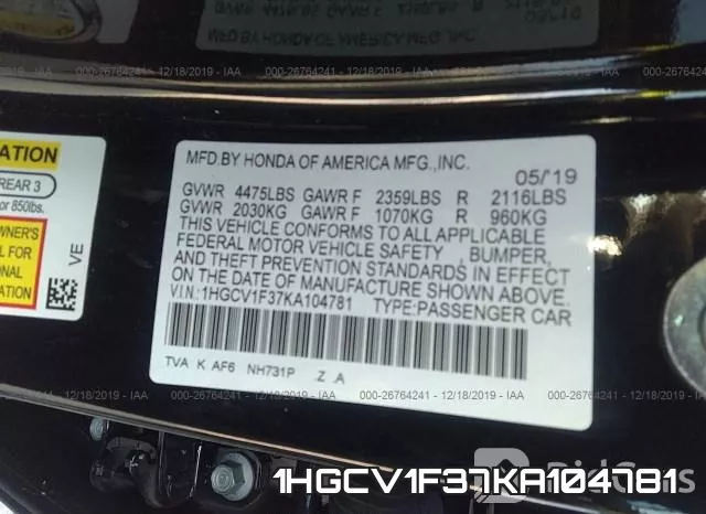 1HGCV1F37KA104781 фото 10
