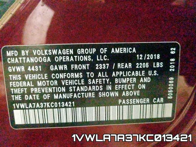 1VWLA7A37KC013421 фото 2