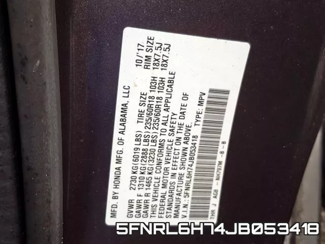 5FNRL6H74JB053418 фото 2
