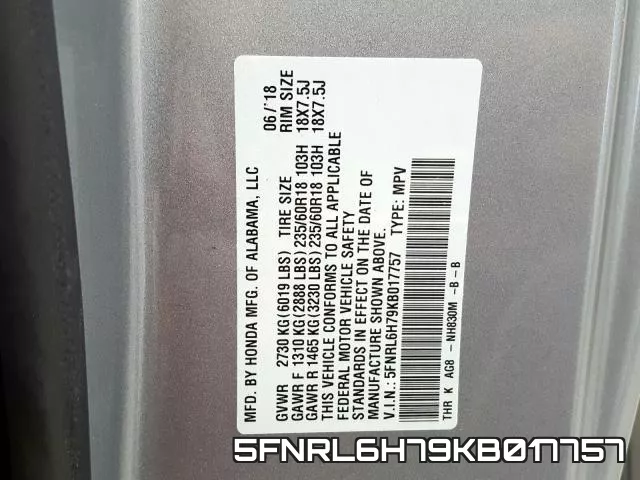 5FNRL6H79KB017757 фото 2
