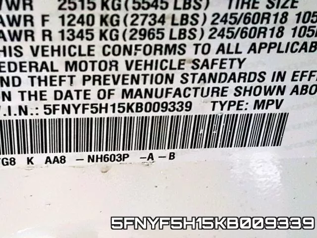 5FNYF5H15KB009339 фото 2