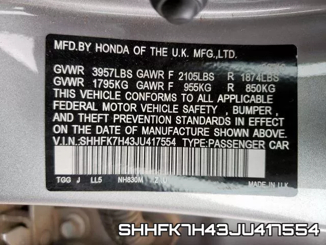 SHHFK7H43JU417554 фото 2