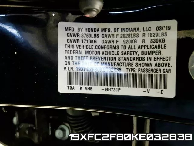 19XFC2F80KE032838 фото 2