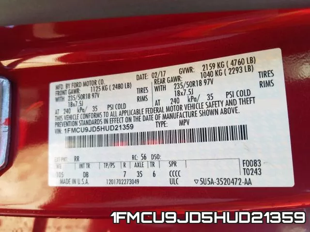 1FMCU9JD5HUD21359 фото 2