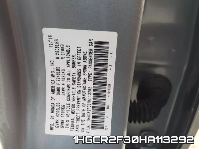 1HGCR2F30HA113292 фото 2