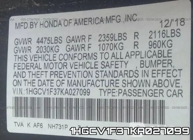 1HGCV1F37KA027099 фото 10