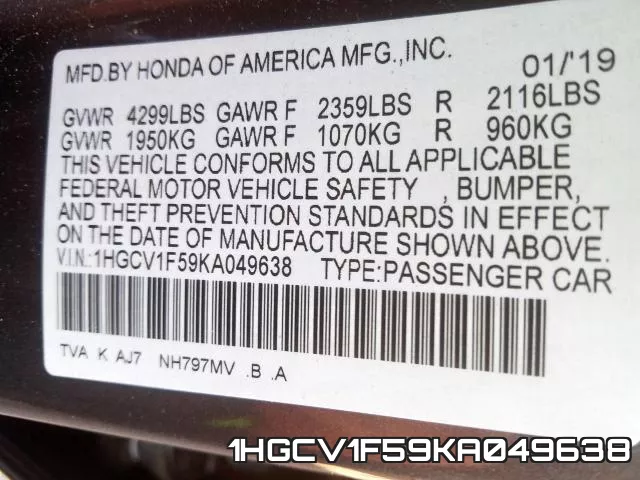 1HGCV1F59KA049638 фото 2