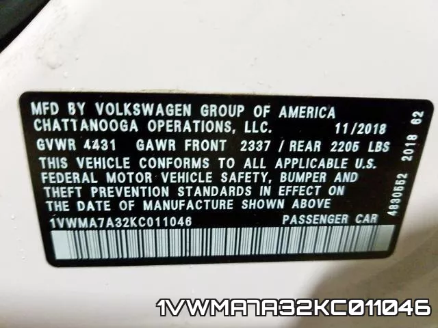 1VWMA7A32KC011046 фото 2
