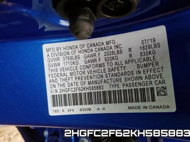 2HGFC2F62KH585883 фото 2