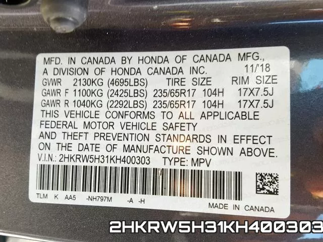 2HKRW5H31KH400303 фото 2