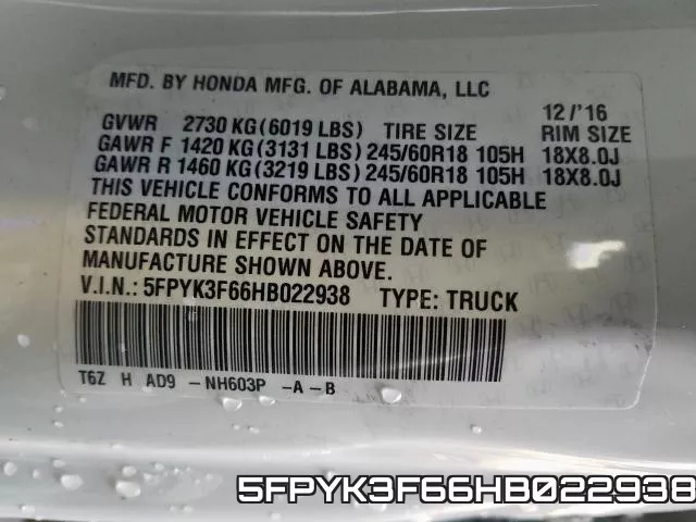 5FPYK3F66HB022938 фото 2