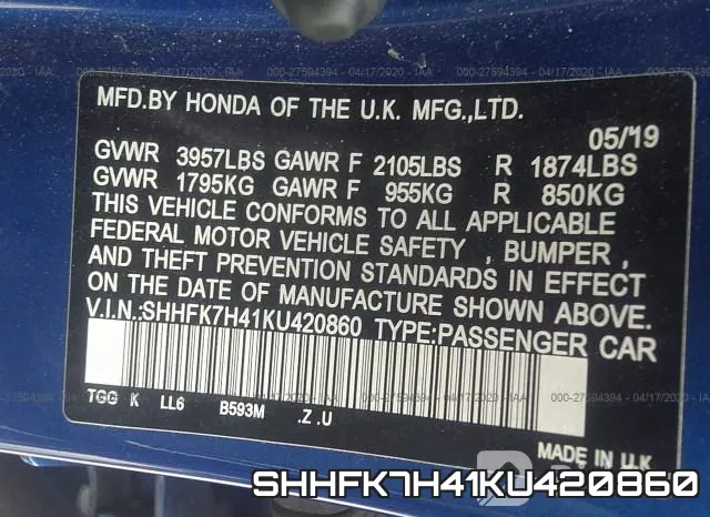 SHHFK7H41KU420860 фото 10