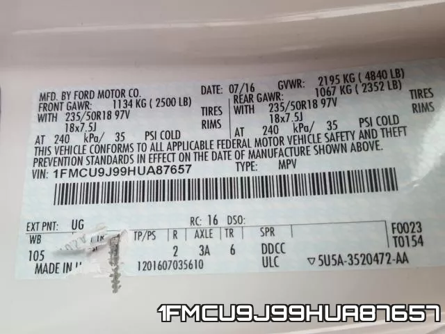 1FMCU9J99HUA87657 фото 2