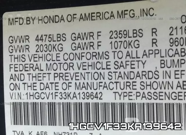 1HGCV1F33KA139642 фото 10