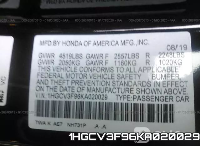 1HGCV3F96KA020029 фото 10