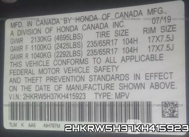 2HKRW5H37KH415923 фото 10