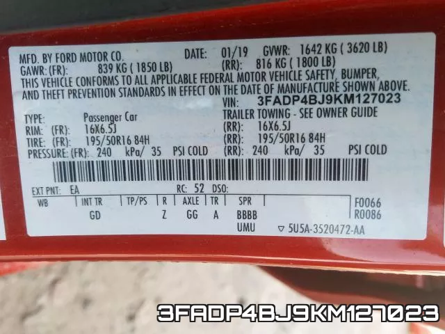 3FADP4BJ9KM127023 фото 2