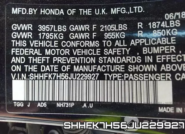 SHHFK7H56JU229927 фото 10