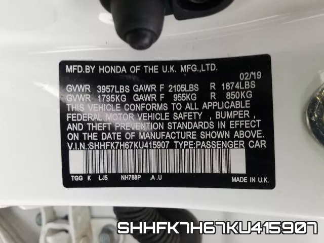 SHHFK7H67KU415907 фото 2