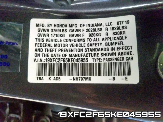 19XFC2F65KE045955 фото 2