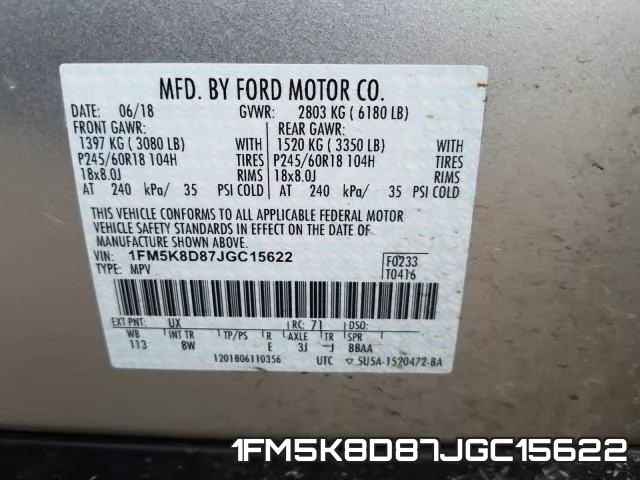 1FM5K8D87JGC15622 фото 2