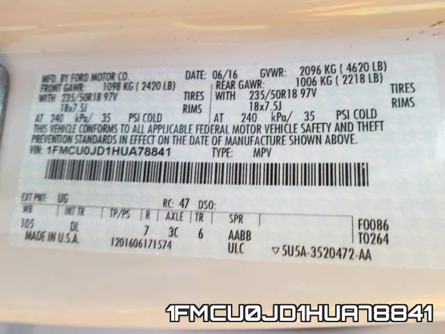 1FMCU0JD1HUA78841 фото 2