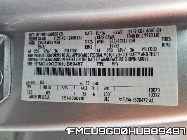 1FMCU9GD0HUB89487 фото 2