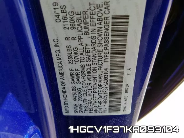 1HGCV1F37KA093104 фото 2