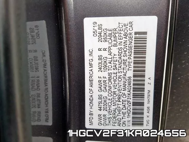 1HGCV2F31KA024656 фото 2