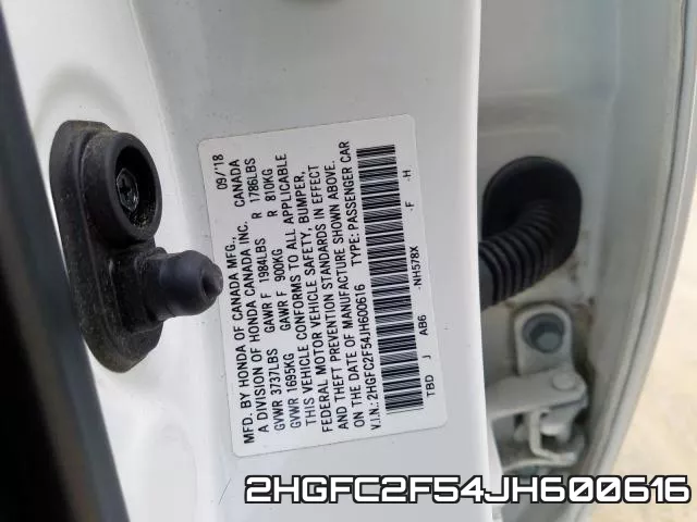 2HGFC2F54JH600616 фото 2