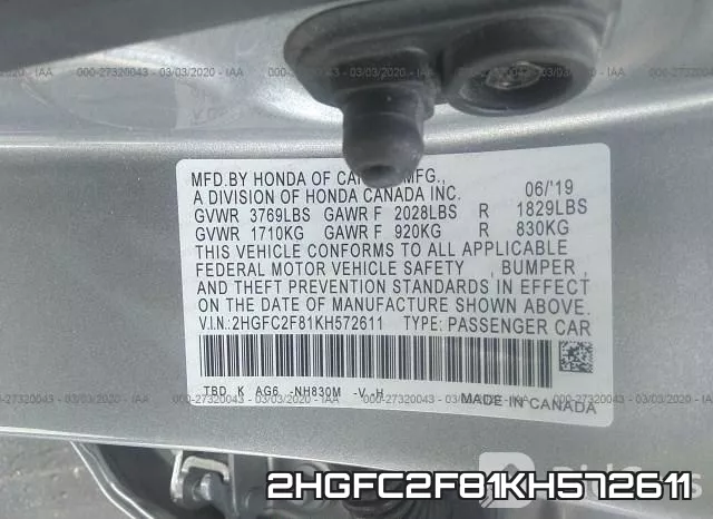 2HGFC2F81KH572611 фото 10