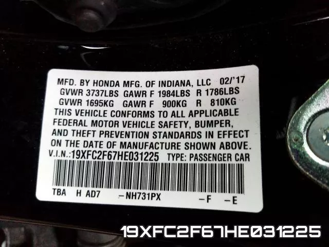 19XFC2F67HE031225 фото 2
