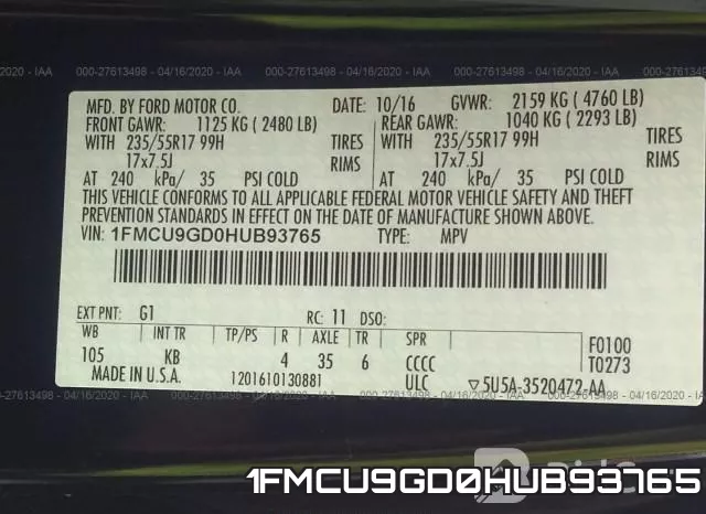 1FMCU9GD0HUB93765 фото 10