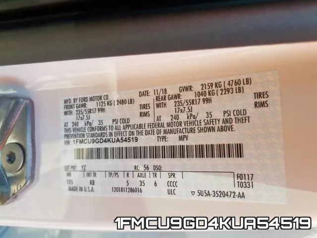 1FMCU9GD4KUA54519 фото 2