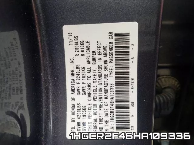 1HGCR2F46HA109336 фото 2