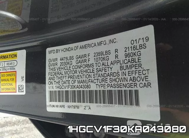 1HGCV1F30KA043080 фото 10