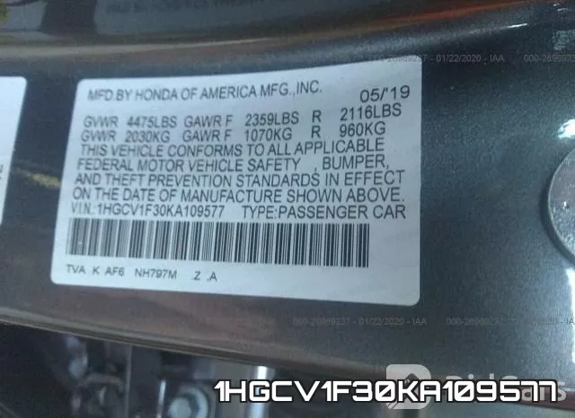 1HGCV1F30KA109577 фото 10