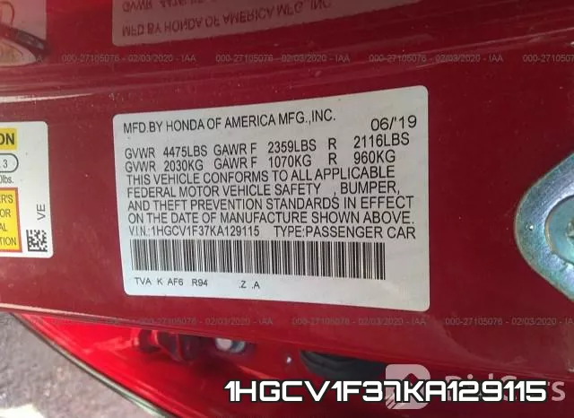 1HGCV1F37KA129115 фото 10