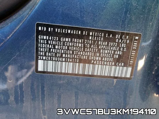 3VWC57BU3KM194110 фото 2