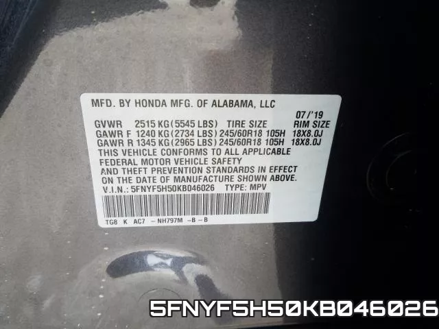 5FNYF5H50KB046026 фото 2