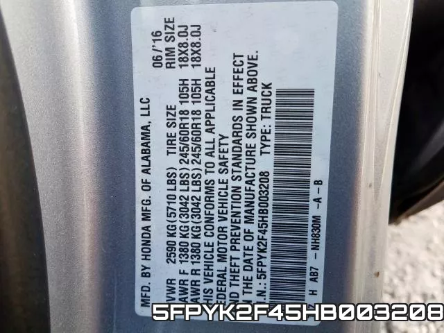 5FPYK2F45HB003208 фото 2