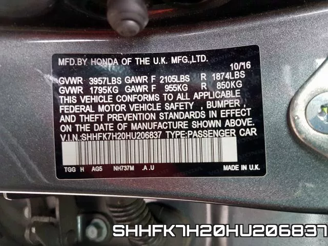 SHHFK7H20HU206837 фото 2