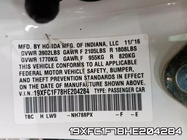 19XFC1F78HE204284 фото 2