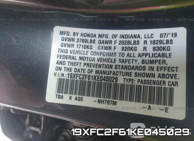 19XFC2F61KE045029 фото 10